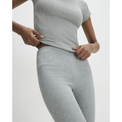 Grey High Waisted Ribbed Flare Leggings