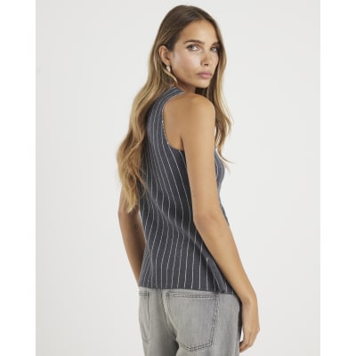 Grey Knit Pinstripe Longline Waistcoat