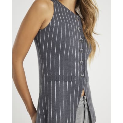 Grey Knit Pinstripe Longline Waistcoat