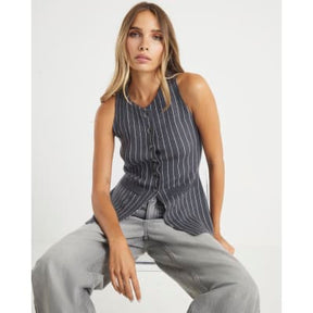Grey Knit Pinstripe Longline Waistcoat