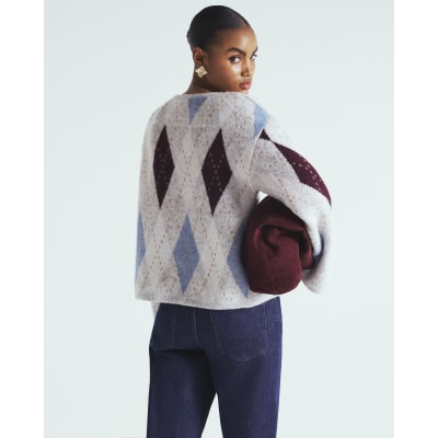 Grey Knitted Argyle Print Cardigan