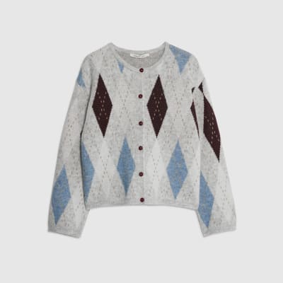 Grey Knitted Argyle Print Cardigan