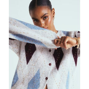 Grey Knitted Argyle Print Cardigan