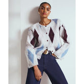 Grey Knitted Argyle Print Cardigan