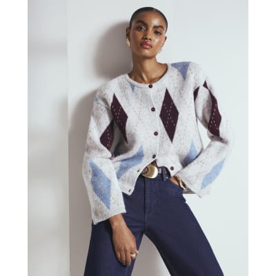Grey Knitted Argyle Print Cardigan
