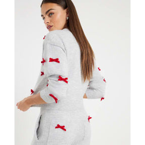 Grey Knitted Bow Detail Loungewear Set