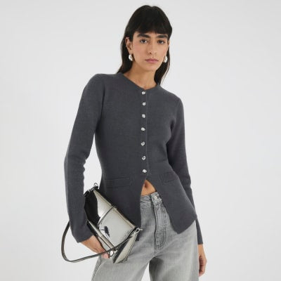 Grey Knitted Button Up Cardigan