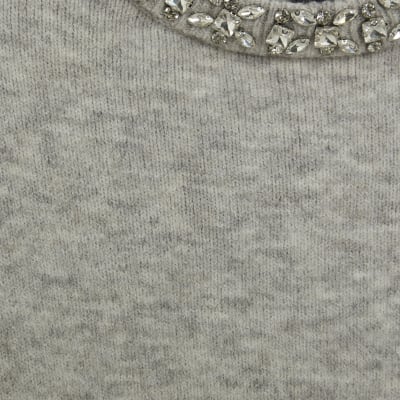 Grey Knitted Crew Neck Embellished Jumper