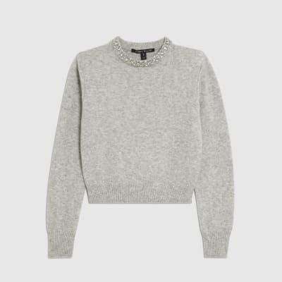 Grey Knitted Crew Neck Embellished Jumper