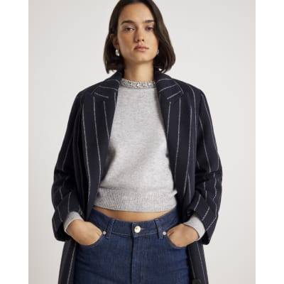 Grey Knitted Crew Neck Embellished Jumper