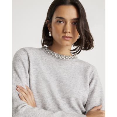 Grey Knitted Crew Neck Embellished Jumper
