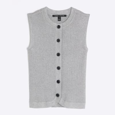 Grey Knitted Curved Hem Ribbed Top