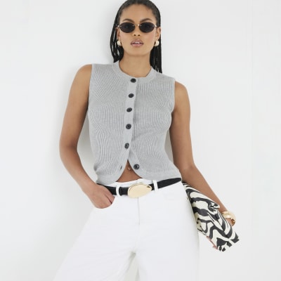 Grey Knitted Curved Hem Ribbed Top