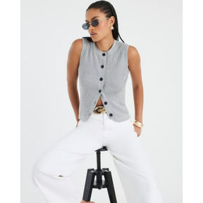 Grey Knitted Curved Hem Ribbed Top