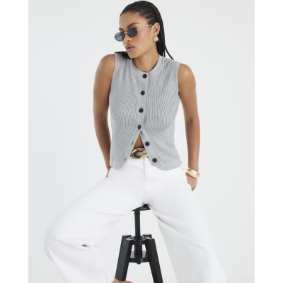 Grey Knitted Curved Hem Ribbed Top