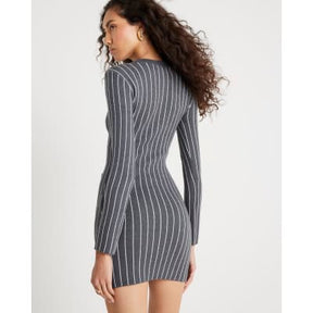 Grey Knitted Long Sleeve Pinstripe Dress