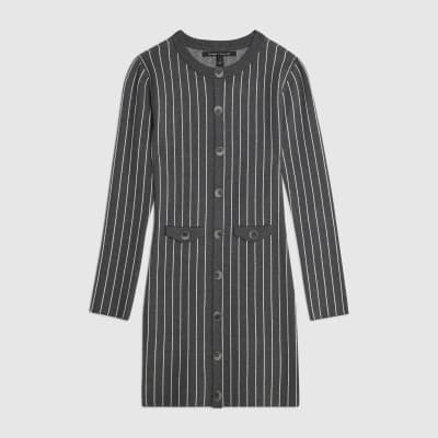 Grey Knitted Long Sleeve Pinstripe Dress