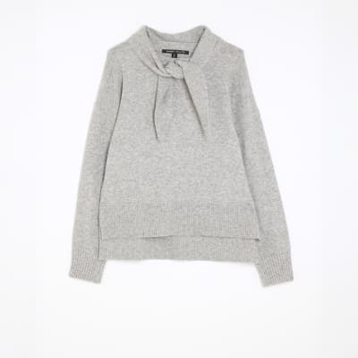Grey Knitted Neck Tie Jumper