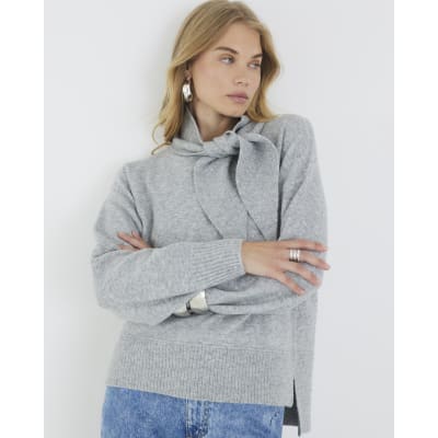 Grey Knitted Neck Tie Jumper