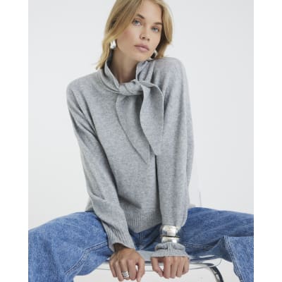 Grey Knitted Neck Tie Jumper