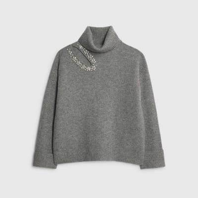Grey Knitted Roll Neck Cut Out Jumper
