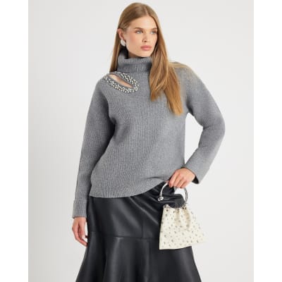 Grey Knitted Roll Neck Cut Out Jumper
