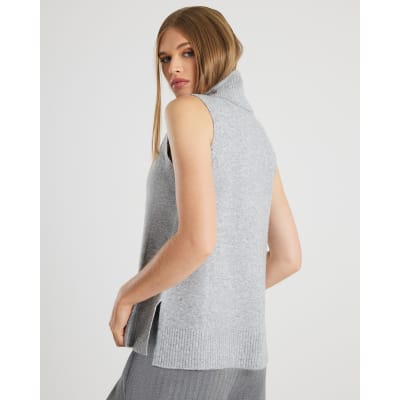 Grey Knitted Roll Neck Tank Top
