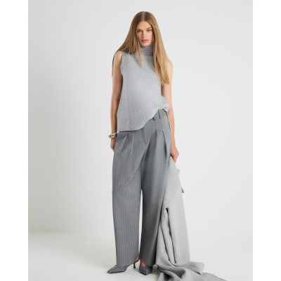 Grey Knitted Roll Neck Tank Top