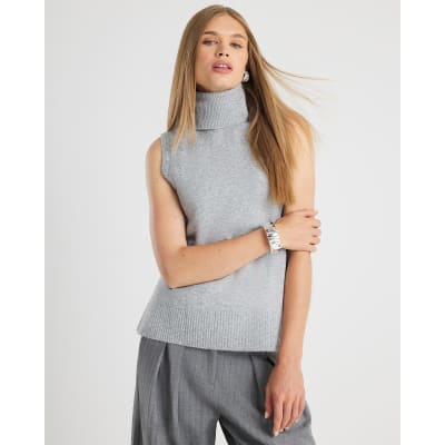 Grey Knitted Roll Neck Tank Top