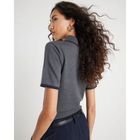 Grey Knitted Tipped Polo Top