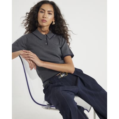 Grey Knitted Tipped Polo Top