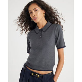 Grey Knitted Tipped Polo Top