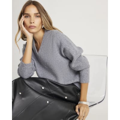 Grey Knitted V Neck Jumper