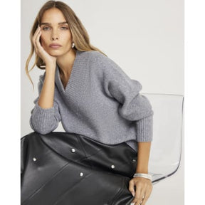 Grey Knitted V Neck Jumper