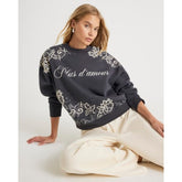 Grey Lace Print Embellished Sweatshirt