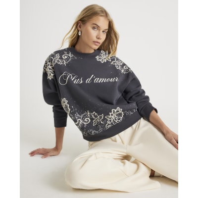 Grey Lace Print Embellished Sweatshirt