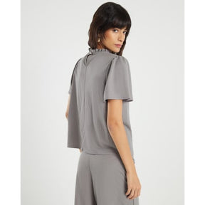 Grey Linen Look Jersey High Neck Ruched Top