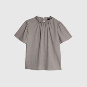 Grey Linen Look Jersey High Neck Ruched Top