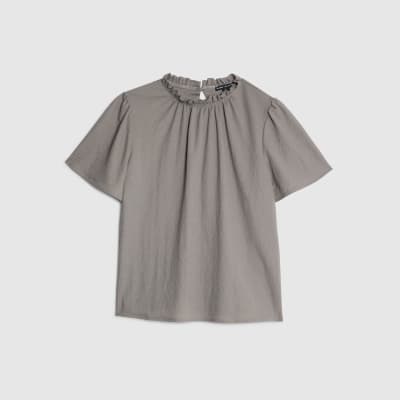 Grey Linen Look Jersey High Neck Ruched Top