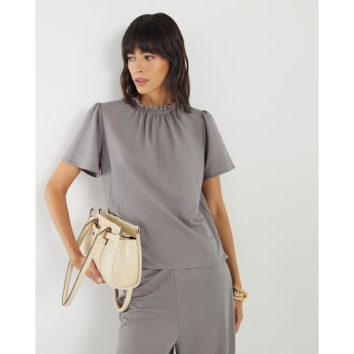 Grey Linen Look Jersey High Neck Ruched Top
