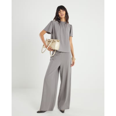 Grey Linen Look Jersey High Neck Ruched Top