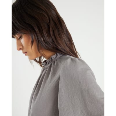 Grey Linen Look Jersey High Neck Ruched Top