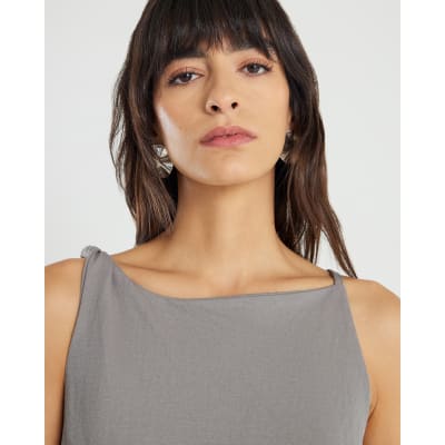 Grey Linen Look Jersey Twist Strap Top