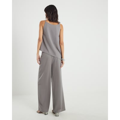 Grey Linen Look Jersey Wide Leg Trousers