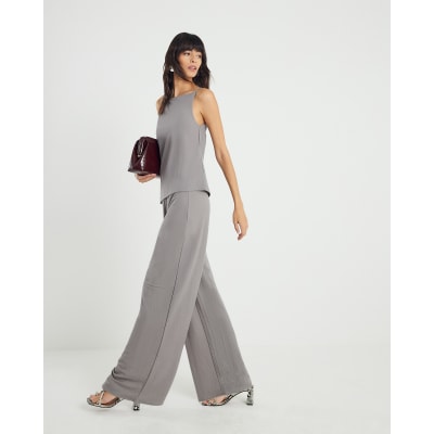 Grey Linen Look Jersey Wide Leg Trousers