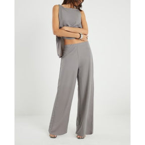 Grey Linen Look Jersey Wide Leg Trousers