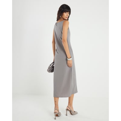 Grey Linen Look Ruched Side Cami Midi Dress