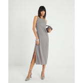 Grey Linen Look Ruched Side Cami Midi Dress