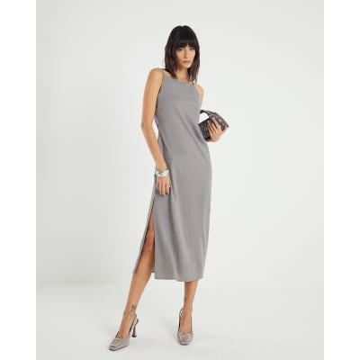 Grey Linen Look Ruched Side Cami Midi Dress