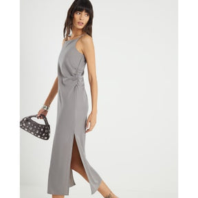 Grey Linen Look Ruched Side Cami Midi Dress